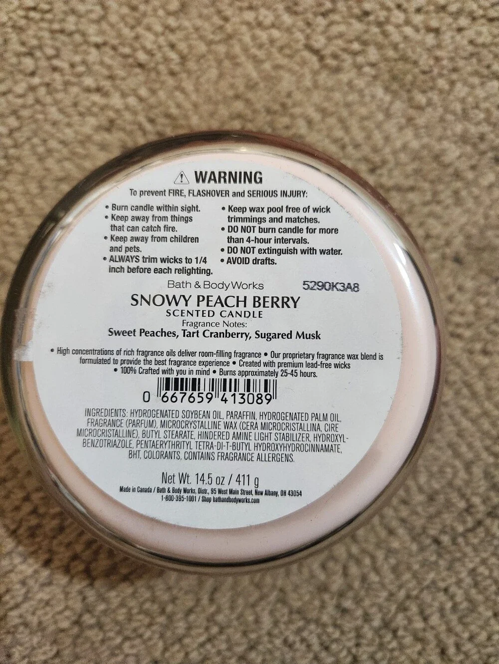 Bath & Body Works Snowy Peach Berry Candle - Pink, Gold Accents